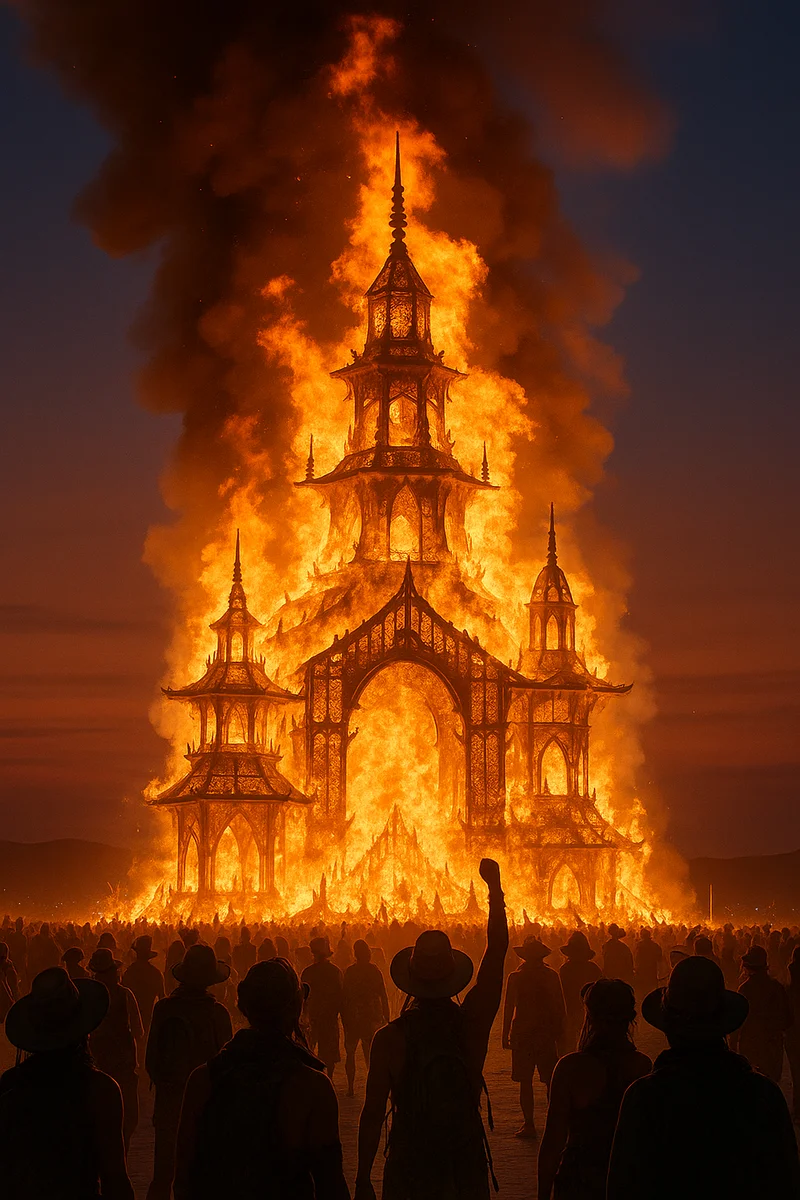 Temple burning at night